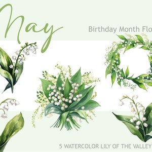 Mai anniversaire mois fleurs PNG, aquarelle fleurs Clipart Bundle, fichier de Sublimation Floral muguet, Premade printemps Clip Art