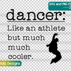 Może przedstawiać: Czarno-biała grafika tekstowa z napisem "dancer: Like an athlete but much much cooler." Grafika zawiera również sylwetkę tancerza w powietrzu.
