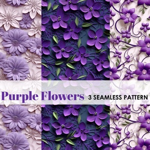 May include: Three seamless patterns featuring 3D purple flowers. The patterns are in different styles, with some featuring a more intricate design and others featuring a more simple design.