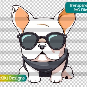 Süßer Frenchie Welpe mit Sonnenbrille, französische Bulldogge PNG, Sublimationsdruckdatei, Hundeliebhaber Geschenk, Clipart-Bild, transparente digitale Datei