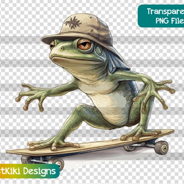 Funny Frog PNG, Frog Lover Clipart, Pet Toad Clip Art, Cool Frog On A Skateboard, Sublimation Printing, Transparent Image