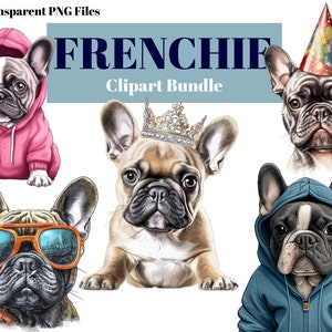 Französische Bulldogge Clipart Bundle, Aquarell Frenchie PNG, Sublimationsdruck, transparentes Bild, niedlicher Hund Hut Sonnenbrille Hoodie Tiara