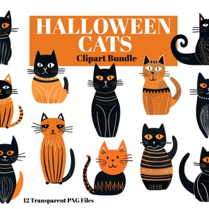 Minimalist Vintage Halloween Cat Clipart PNG Files, Downloadable Folk Art Sublimation Designs, Designer Commercial Use, Digital Download