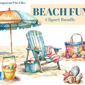 Beach Fun Summer Clipart PNG Bundle, Sand Toys, Beach Vacation Umbrella & Chair, Sublimation Files, Digital Download, Commercial License