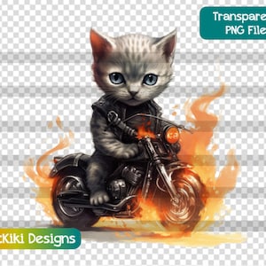 Cute Biker Kitten PNG, Cat Lover Clipart, Kitty On A Flaming Motorcycle, Sublimation Files, Digital Download, Commercial License