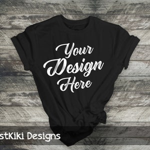 T-shirt mockup - flat lay shirt - black shirt mock up - RUSTIC WOOD BACKGROUND - black knot shirt