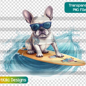 Süßer Hund Clipart, Frenchie Surfing PNG, Französische Bulldogge Welpe, Surfbrett Hund, Sublimationsdesign, digitaler Download, kommerzielle Nutzung