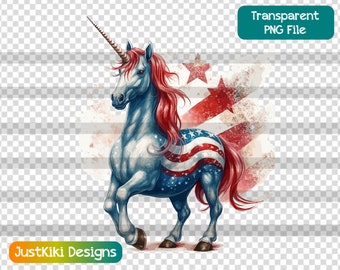 Patriotic Unicorn Clipart: Red White Blue 4th of July (PNG Digital Download)