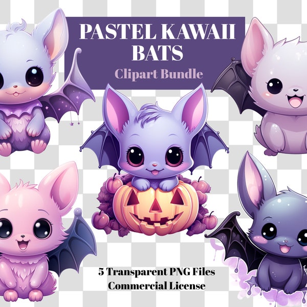 Pastel Halloween Kawaii Bats Clipart Bundle, Cute Halloween Downloadable Sublimation PNG, Commercial Use, Designer Instant Download