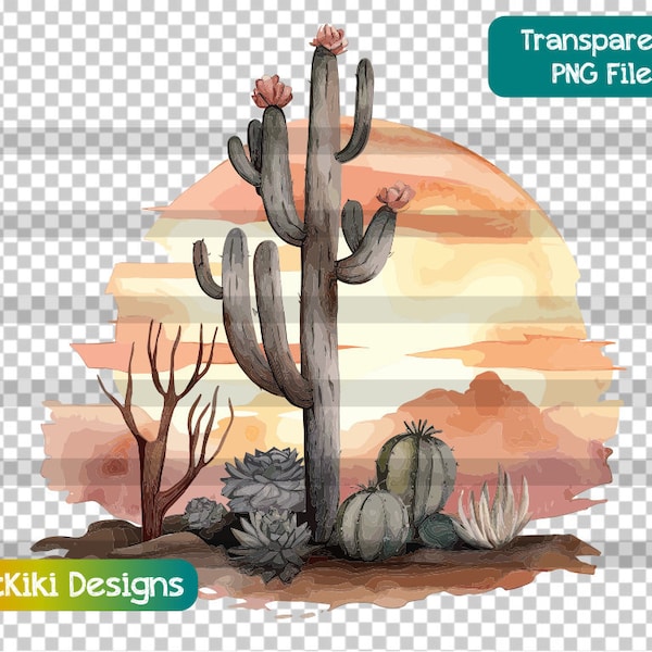 Watercolor Desert Sunset PNG, BOHO Clipart, Southwest Cactus Clip Art, Sublimation Printing, Transparent Image