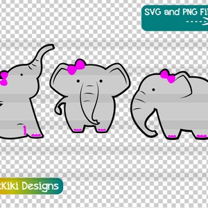 May include: Three cartoon elephants with pink bows and pink feet. The elephants are gray and white.
