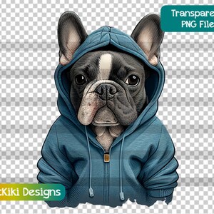 Französische Bulldogge PNG, fotorealistischer Frenchie trägt einen blauen Kapuzenpullover, Sublimationsdruck, Hundeliebhaber Geschenk, transparente digitale Datei