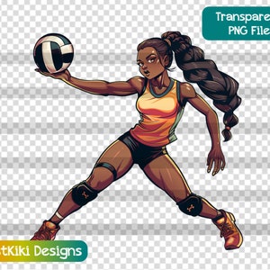 Clipart de vôlei feminino, jogadora de vôlei PNG, esportes afro-americanos, arquivo de sublimação, uso comercial, download digital