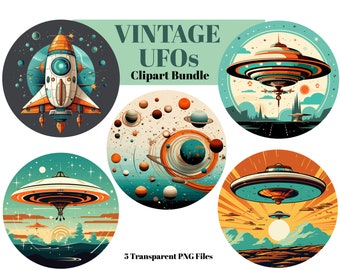 Retro UFO Clipart: Vintage Alien Pop Art PNG Bundle (Digital Download)