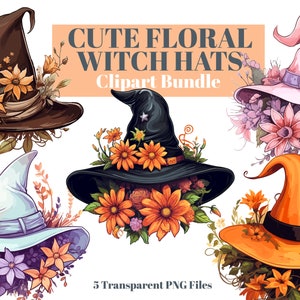 Floral Witch Hat Clipart PNG Files, Cute Halloween Clip Art, Downloadable Sublimation Designs, Designer Commercial Use, Digital Download