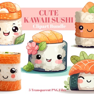 Cute Kawaii Sushi Clipart Bundle, Sushi Roll PNG, Japanese Food Clip Art, Sublimation File, Commercial Use, Digital Download