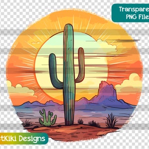 Acuarela Saguaro Cactus PNG, Desert Sunset Clipart, Estética occidental, Archivo de sublimación del suroeste, Uso comercial, Descarga digital