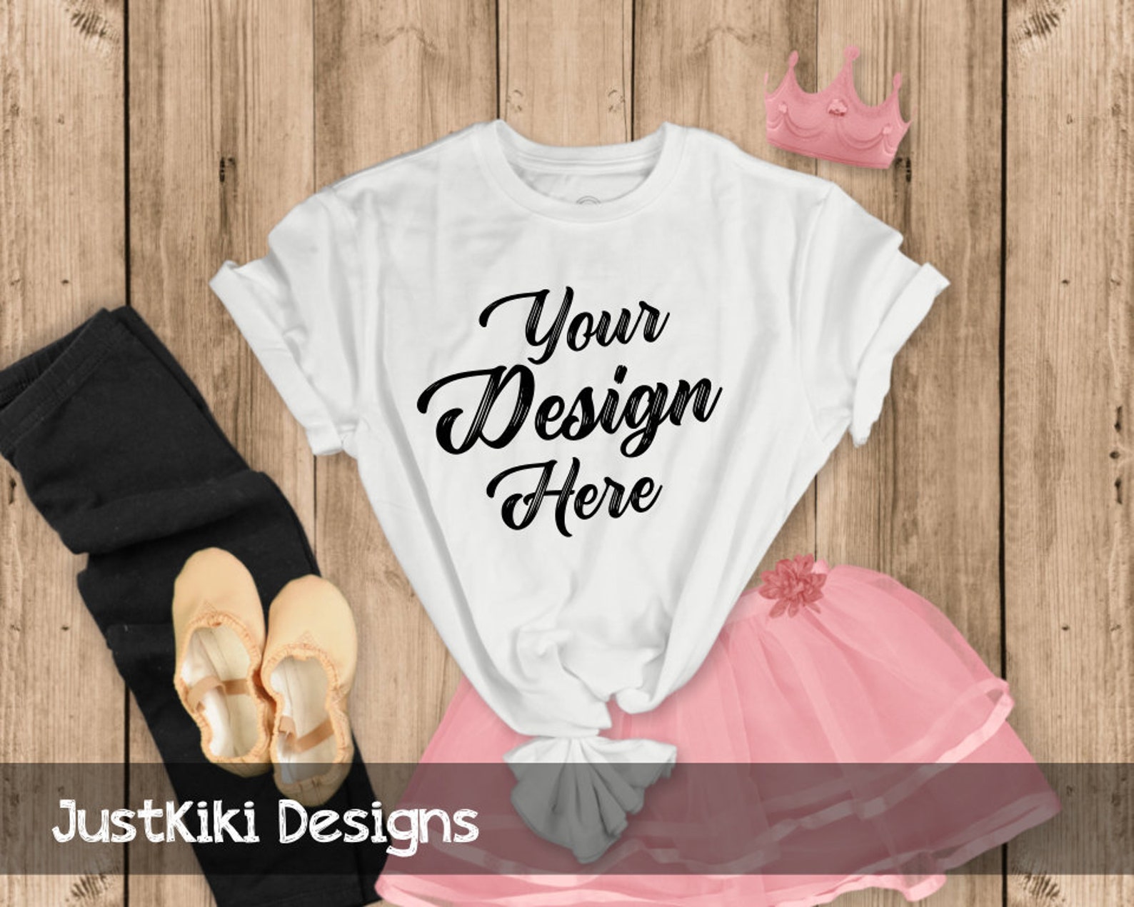 t-shirt mockup - flat lay t shirt - womans t shirt mockup - wood background, white tshirt, pink ballet skirt and shoes, black le