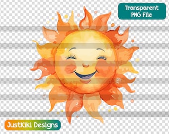 Leuke aquarel Sun Clipart PNG, Summer Smiling Sunshine Clip Art, Kids Summertime Sublimation Files, Digitale Download, Commerciële Licentie