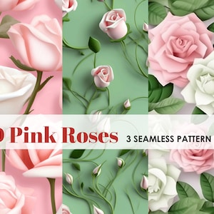 3D roze rozen digitale papier, downloadbare bloemen sublimatie bestanden, naadloze patroon PNG, ontwerper commerciële licentie, digitale download
