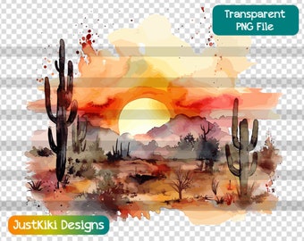 Watercolor Desert Sunset PNG: Boho Cactus Clipart (Digital Download)
