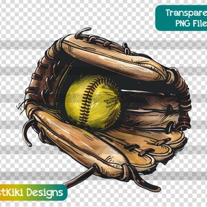May include: A brown leather baseball glove with a yellow softball inside. The glove is open and the ball is visible.