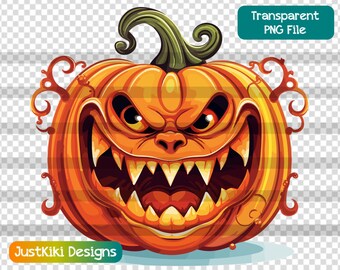 Evil Scary Pumpkin Clipart, Jack O Lantern PNG, Spooky Halloween Downloadable, Sublimation File, Commercial Designer Digital Download