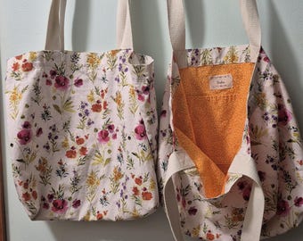 Cotton canvas market tote with a colorful wildflower botanical design