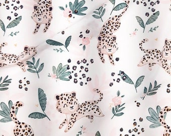 Leopard Cotton Fabric by the Yard, Jungle Nursery Digital Print, Tropical Sewing Quilting Fabric
