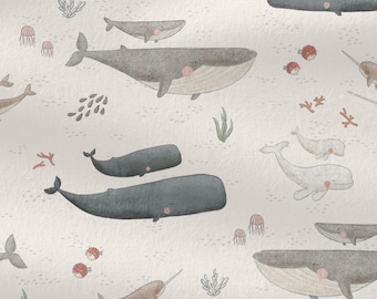 Ocean Animals Cotton Fabric by the Yard, Sea Creatures Digital Print, Whale Sewing Quilting Fabric