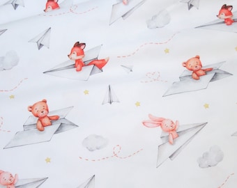 Paper Airplane Cotton Fabric by the Yard, Woodland Animals Digital Print, Dreamy Sewing Quilting Fabric
