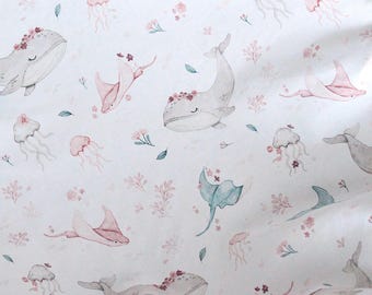 Ocean Animals Cotton Fabric by the Yard, Nautical Nursery Digital Print, Whale Sewing Quilted Fabric