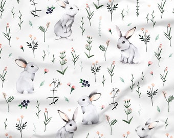 Boho Bunny Cotton Fabric by the Yard, Woodland Nursery Digital Print, Wildflower Sewing Quilting Fabric