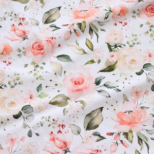 Watercolor Rose Fabric, Floral Nursery Fabric, Pastel Rose Quilting Fabric, Blossom Flowers Premium Digital Printed Fabric, Width 155 cm/61”