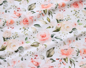 Watercolor Rose Cotton Fabric by the Yard, Floral Nursery Digital Print, Vintage Flowers Quilting Fabric