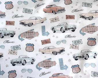Retro Car Cotton Fabric by the Yard, Vintage Automobile Digital Print, Cadillac Sewing Quilting Fabric