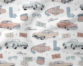 Retro Car Cotton Fabric by the Yard, Vintage Automobile Digital Print, Cadillac Sewing Quilting Fabric