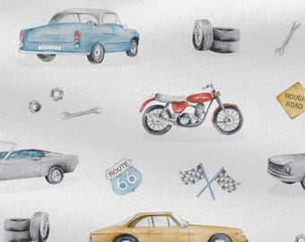 Vintage Car Cotton Fabric by the Yard, Retro Automobile Digital Print, Sewing Quilting Fabric