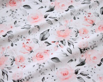 May include: White fabric with a repeating floral pattern. The design features watercolor-style pink roses, gray leaves, and small gray and red berries. The flowers are in various stages of bloom, creating a soft, romantic aesthetic.