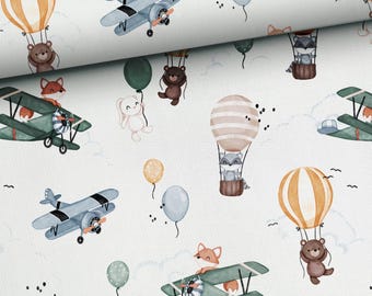 Vintage Airplane Cotton by the Yard, Hot Air Balloon Digital Print, Woodland Animals Quilting Fabric