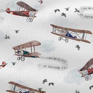 White Vintage Airplane Cotton Fabric, Aviation Nursery Fabric, Quilting Fabric, Planes Premium Digital Printed Fabric, Width 155 cm/61”