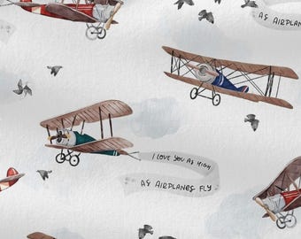 Vintage Airplane Cotton Fabric by the Yard, Aviation Nursery Digital Print, Planes Sewing Quilting Fabric