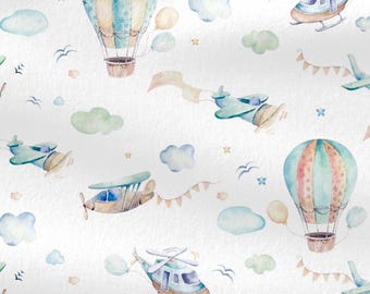 Hot Air Balloon Cotton Fabric by the Yard, Vintage Airplane Digital Print, Sewing Quilting Fabric