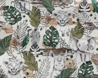 Safari Animals Cotton Fabric by the Yard, Jungle Nursery Digital Print, Tropical Leaves Quilting Fabric