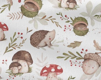 Little Mushrooms Cotton Fabric by the Yard, Forest Life Digital Print, Hedgehog Sewing Quilting Fabric