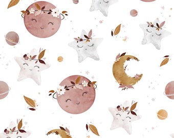 Boho Moon and Stars Cotton Fabric by the Yard, Dreamy Digital Print, Sewing Quilting Fabric