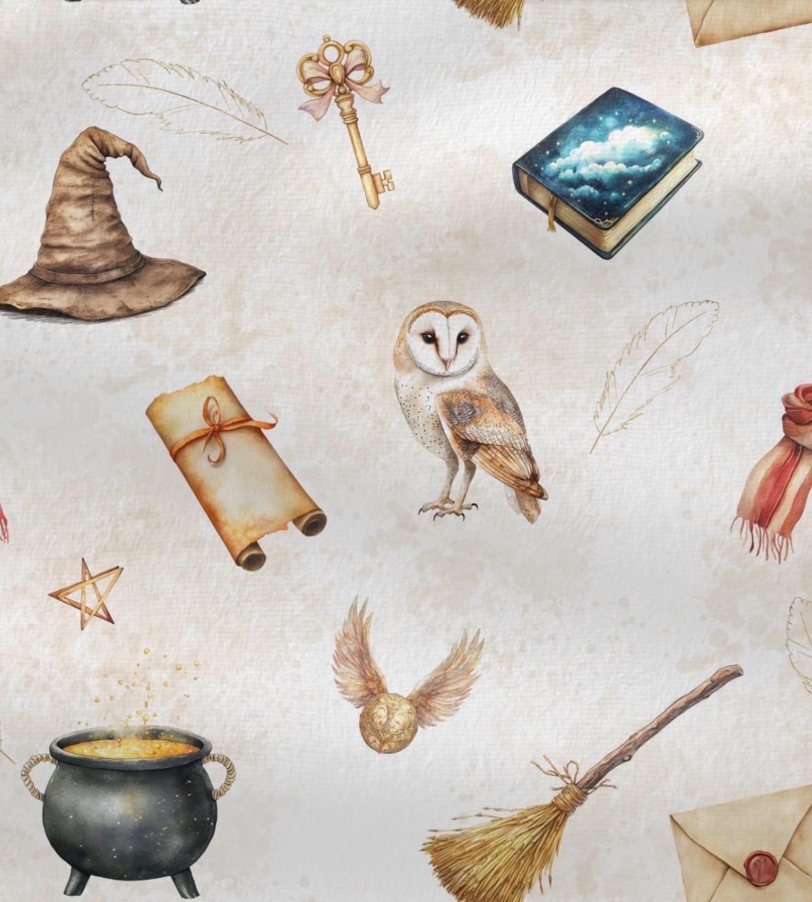 Magic Owl Cotton Fabric by the Yard, Wizard Digital Print, Magical Nursery Quilting Fabric