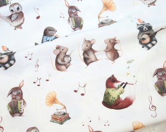 Woodland Musicians Cotton Fabric by the Yard, Forest Animals Digital Print, Sewing Quilting Fabric
