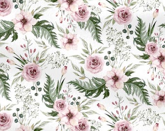 Boho Floral Cotton Fabric by the Yard, Botanical Digital Print, Blossom Flowers Sewing Quilting Fabric