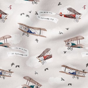 Beige Vintage Airplane Cotton Fabric, Aviation Nursery Fabric, Quilting Fabric, Planes Premium Digital Printed Fabric, Width 155 cm/61”